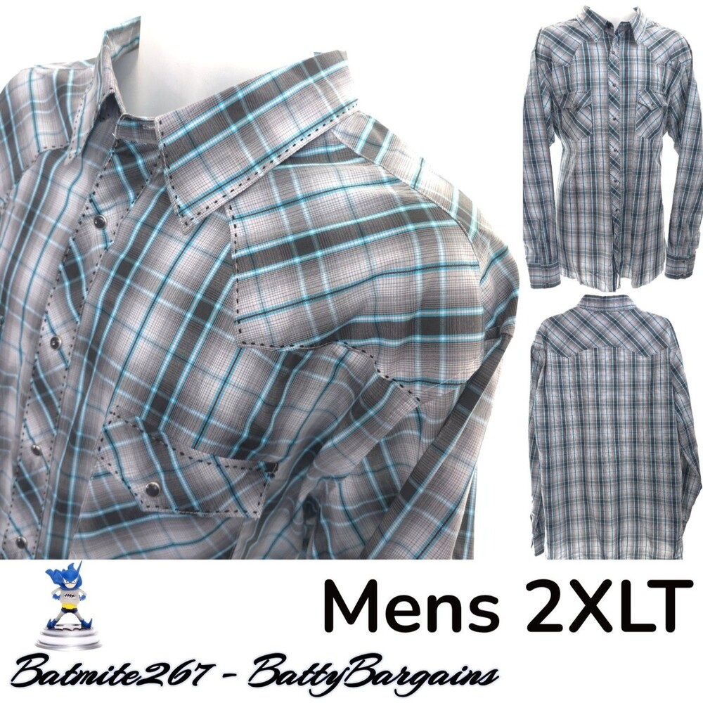 Wrangler Western Shirt Mens 2XL Tall Gray Plaid Pearl Snap L/S Cowboy FREE SHIP